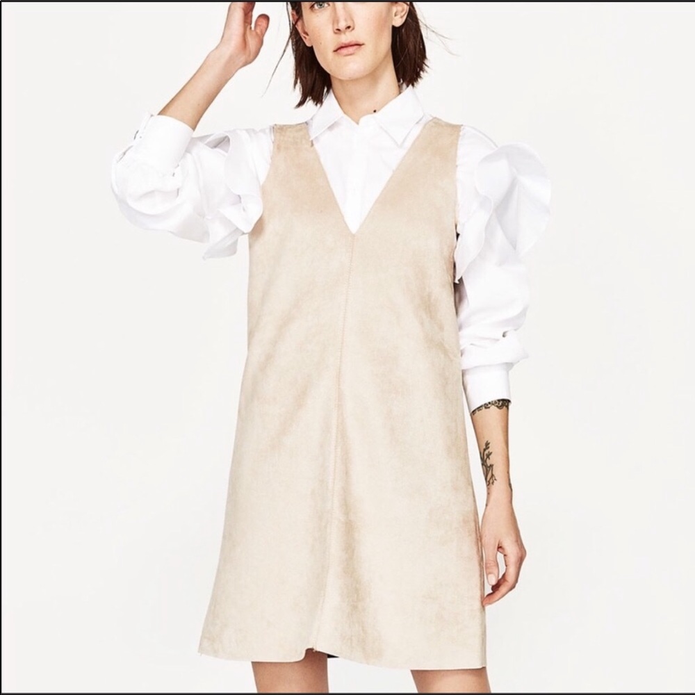 Zara v neck faux suede shift dress tan cream